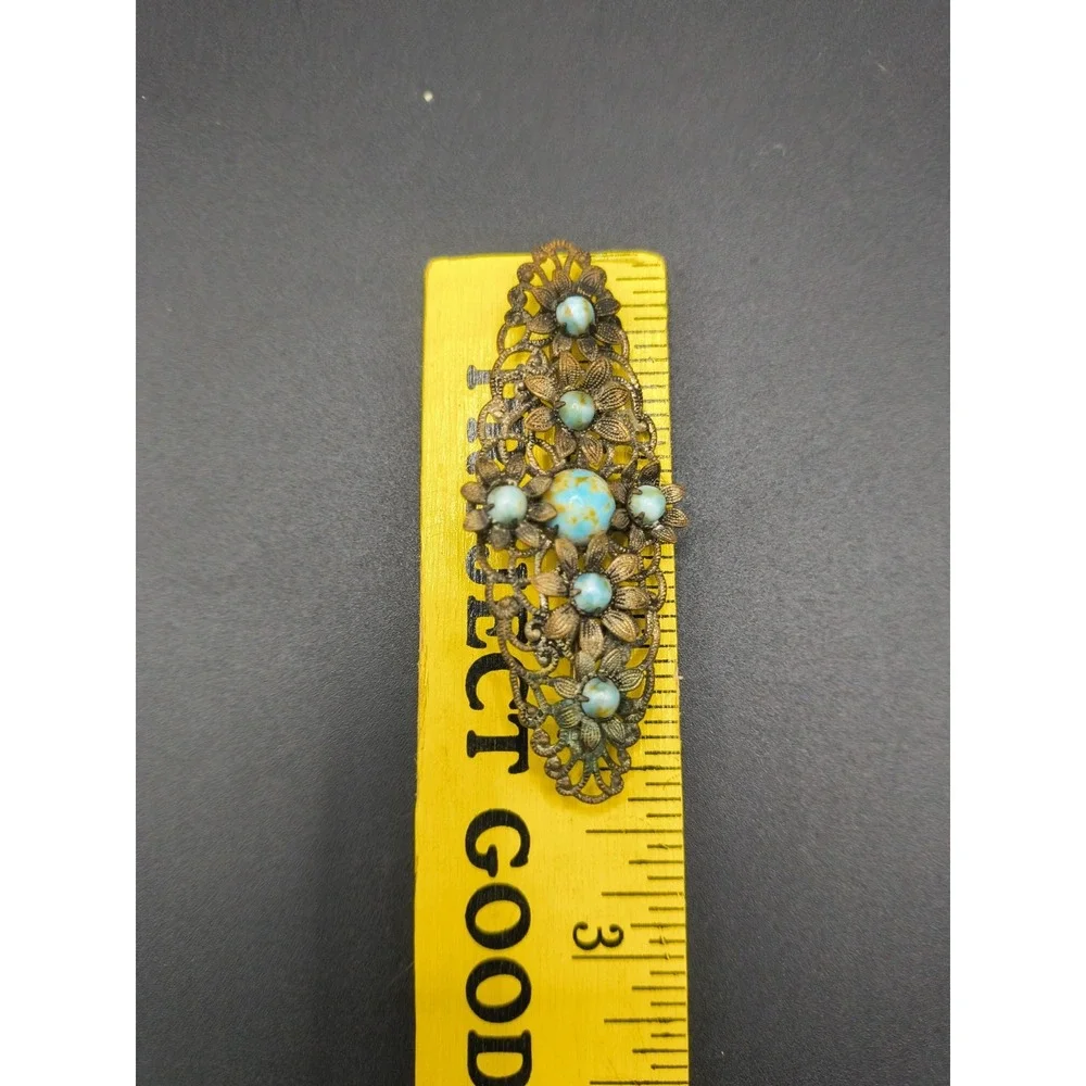 Vintage 1920-30s Czech Brass Filigree Brooch Pin Turquoise Glass Cabochons Art